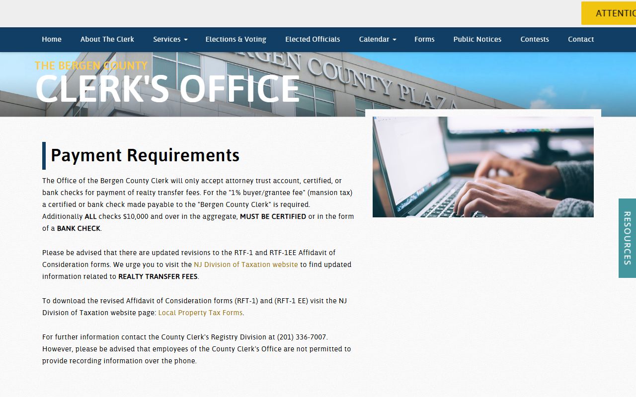 Bergen County Clerk payment requirements page