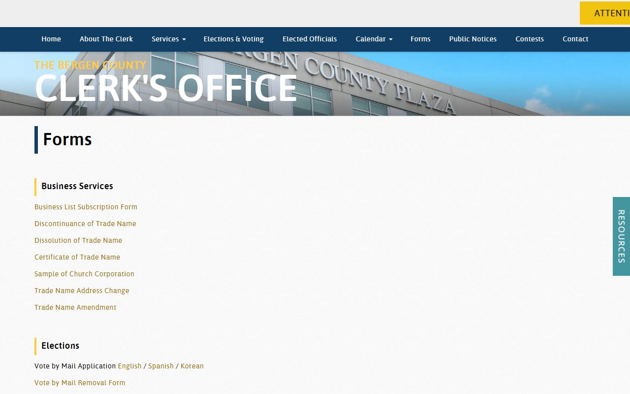 Bergen County Clerk forms index page