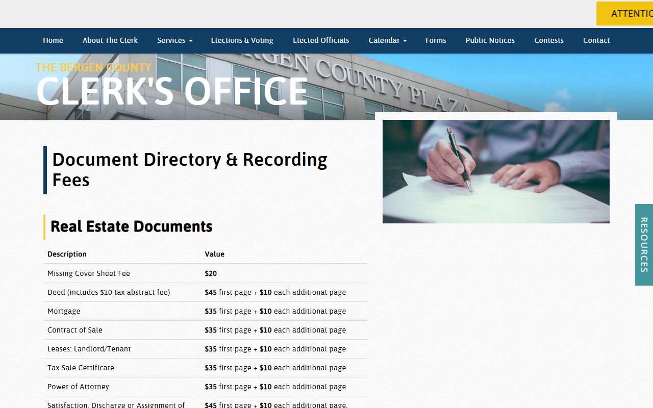 Bergen County Clerk recording fees page
