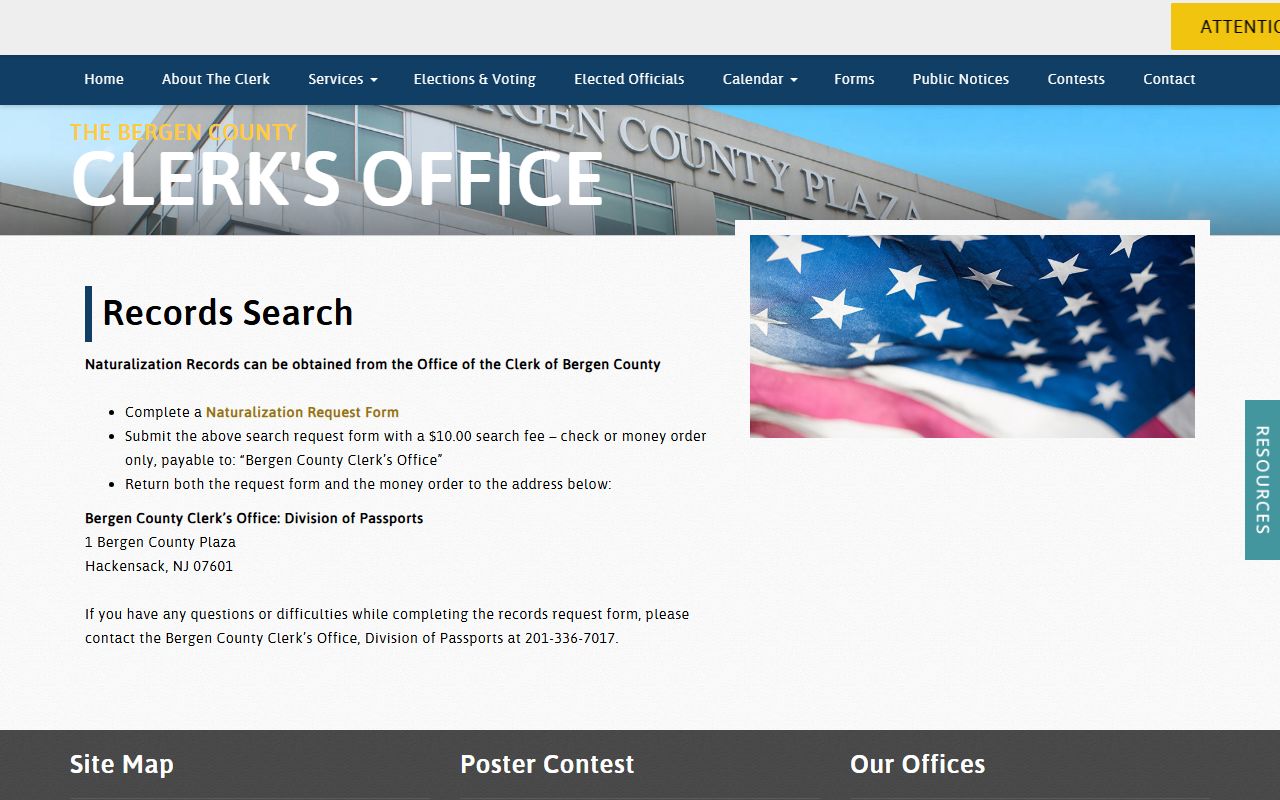 Bergen County Clerk naturalization records search page