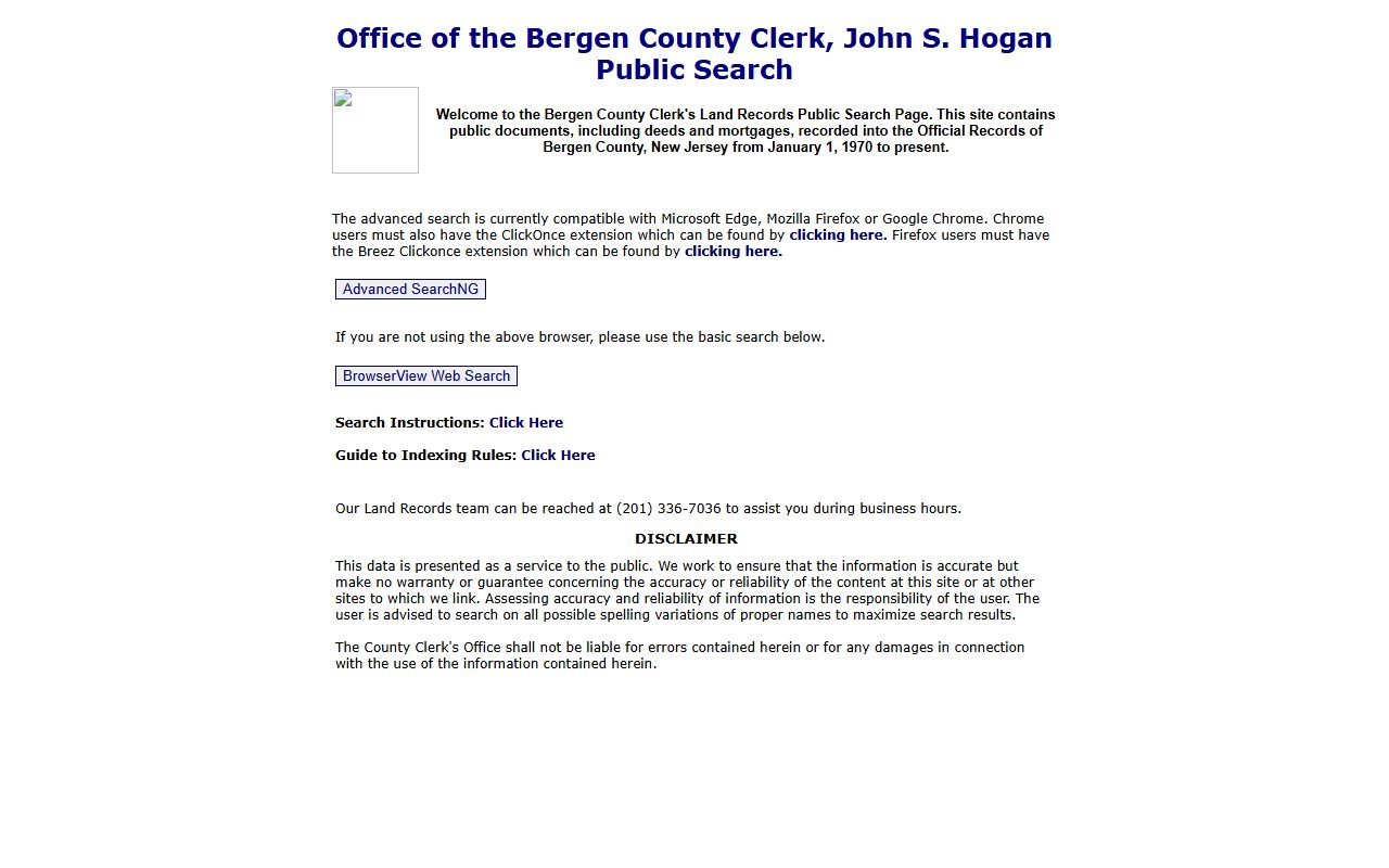 Bergen County Clerk land records public search page