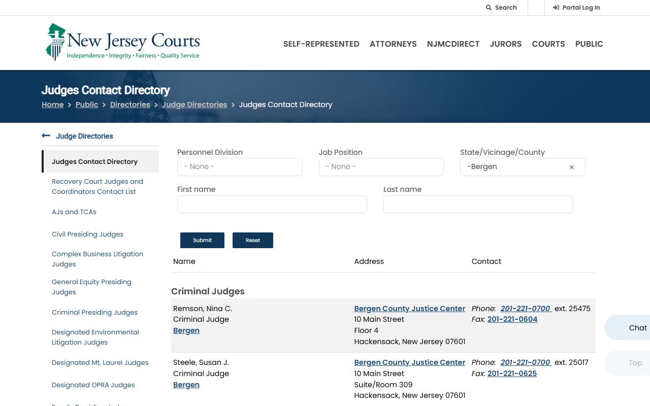 NJ Courts Bergen judges directory page for court dockets