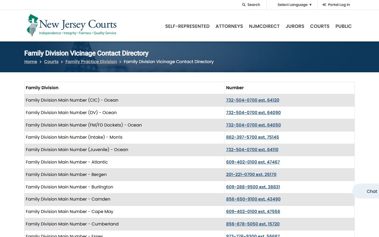 NJ Courts Family Division vicinage directory for Bergen County court dockets
