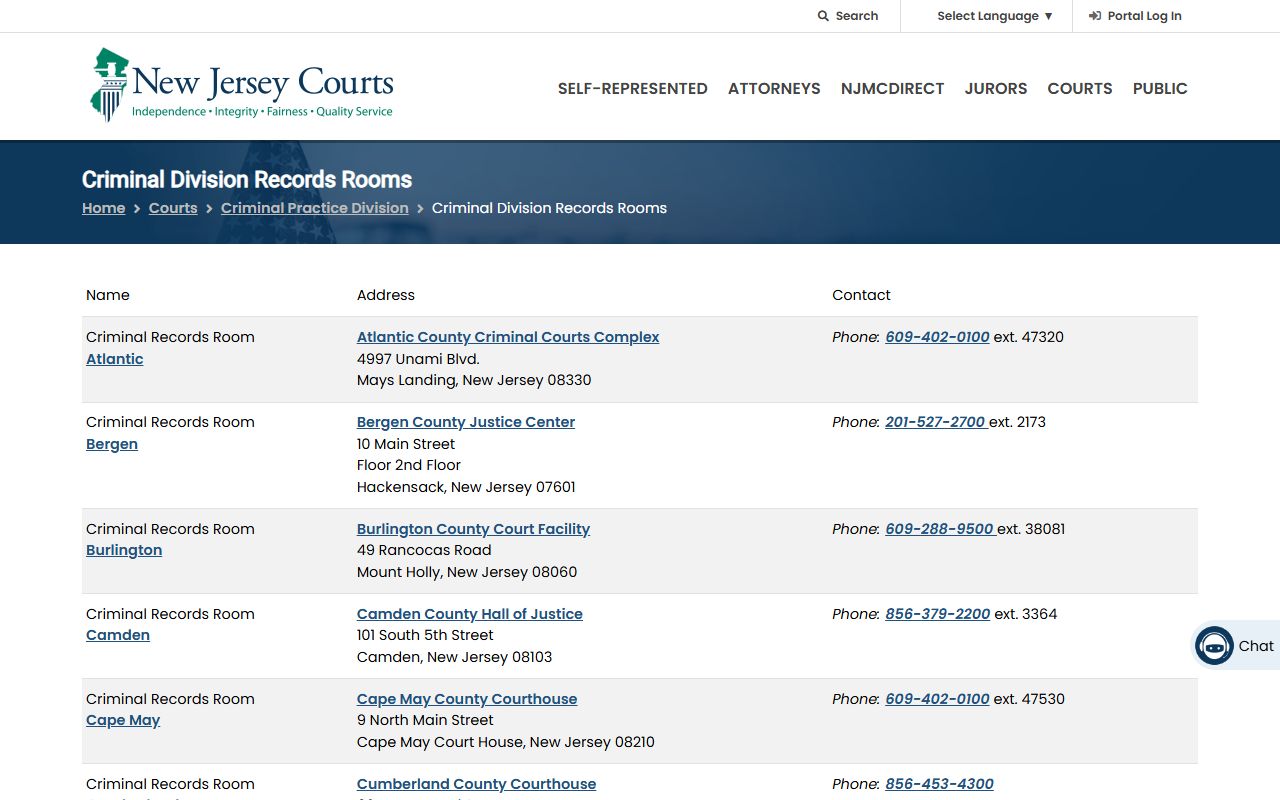 NJ Courts Criminal Division records room directory for Bergen County