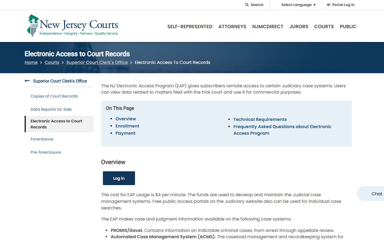 NJ Courts Electronic Access Program page for Bergen County court records