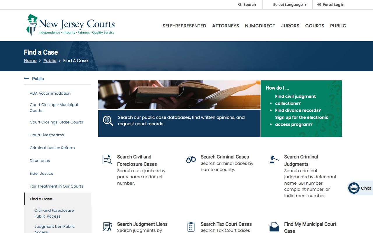 NJ Courts Find a Case page for Bergen County court records