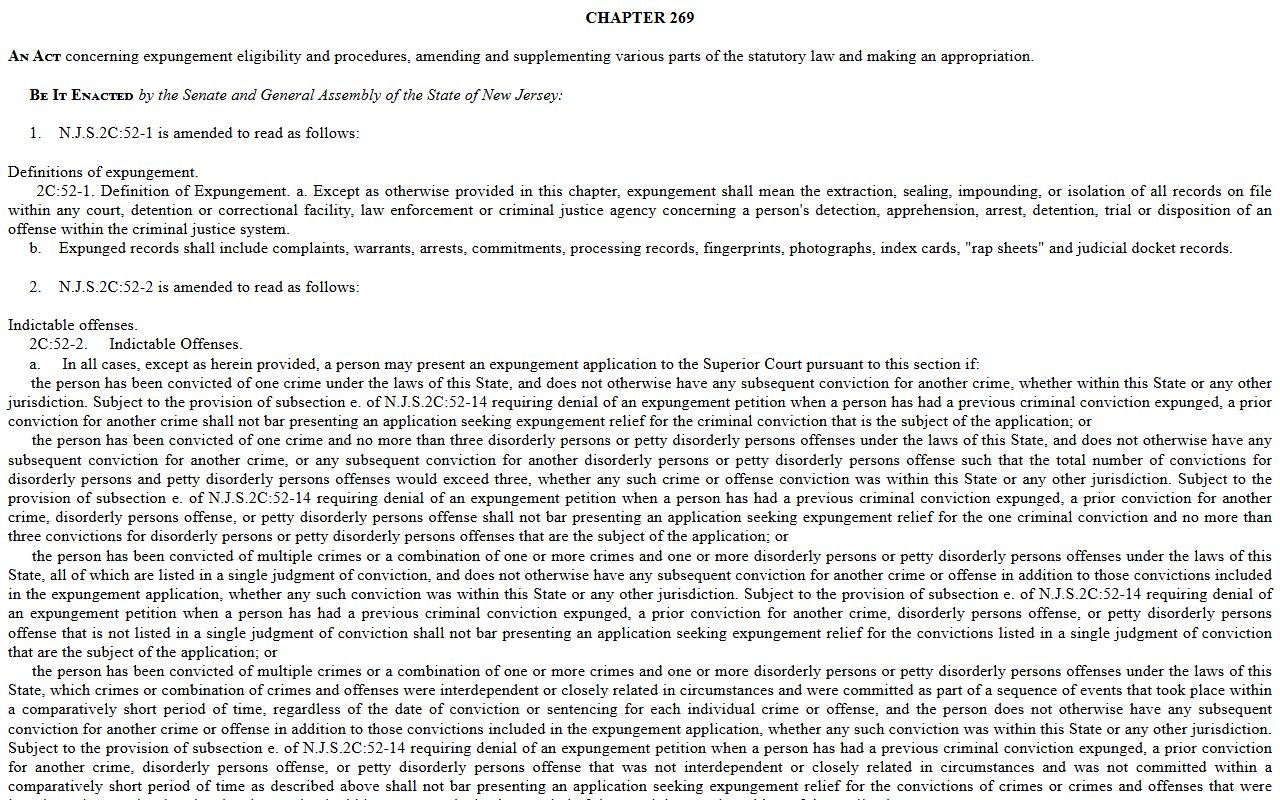 New Jersey expungement law text for Bergen County arrest records