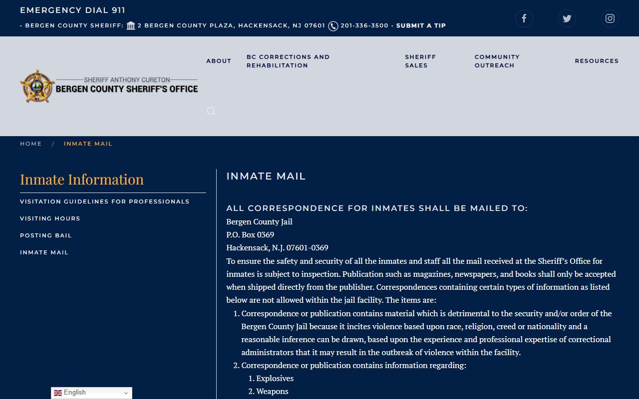 Bergen jail inmate mail page for defendants awaiting Superior Court dates