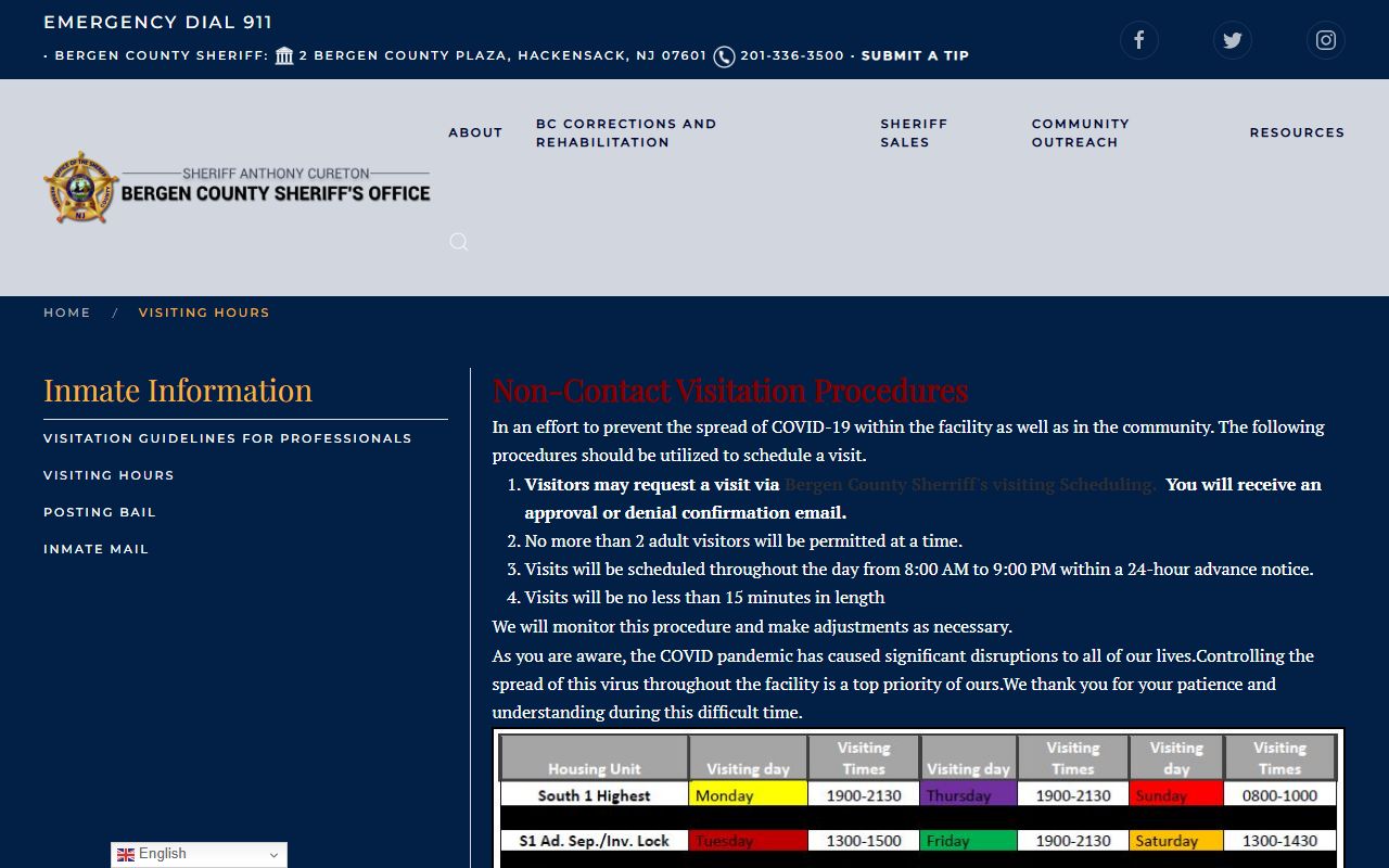 Bergen jail visiting hours page tied to Bergen County Superior Court appearances