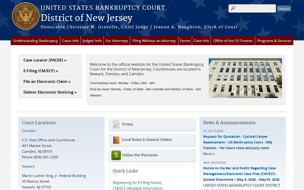 U.S. Bankruptcy Court for New Jersey site for Bergen County cases