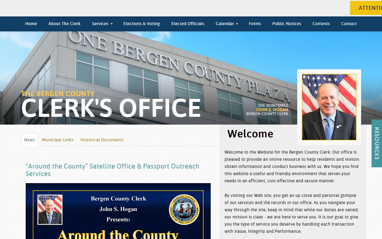 Bergen County Clerk home page with services and land record search