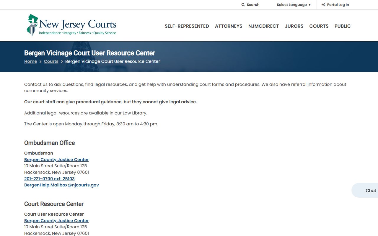 Bergen Vicinage ombudsman and Court User Resource Center page