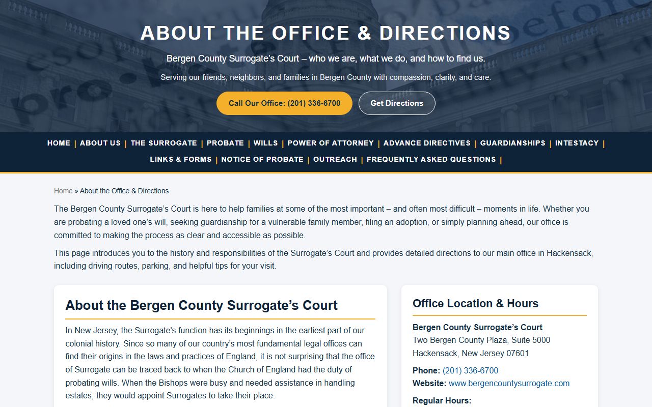 Bergen County Surrogate's Court about page with duties and history