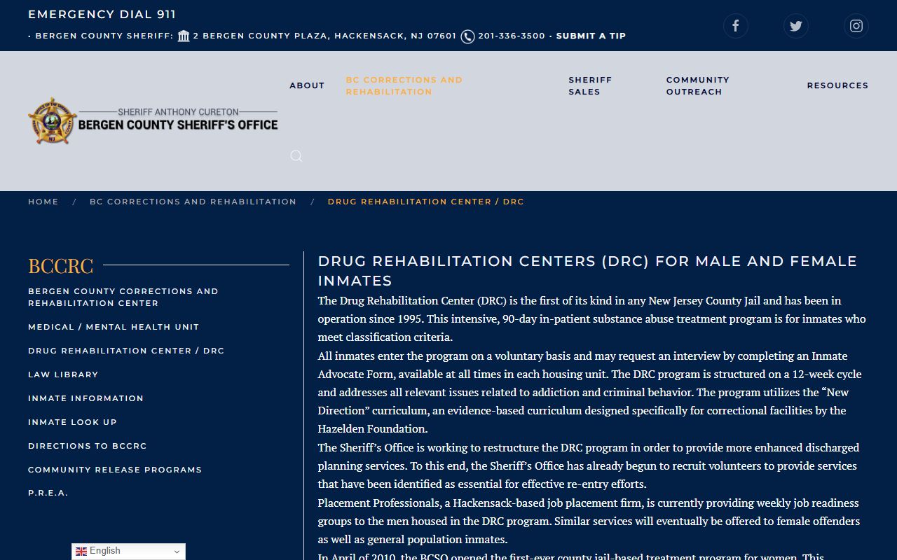 Bergen jail drug rehabilitation center page for inmate population