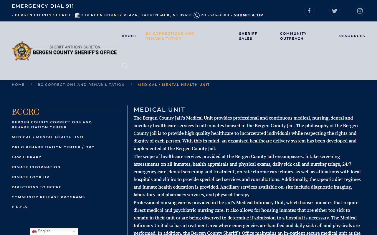 Bergen jail medical and mental health unit page for inmate population