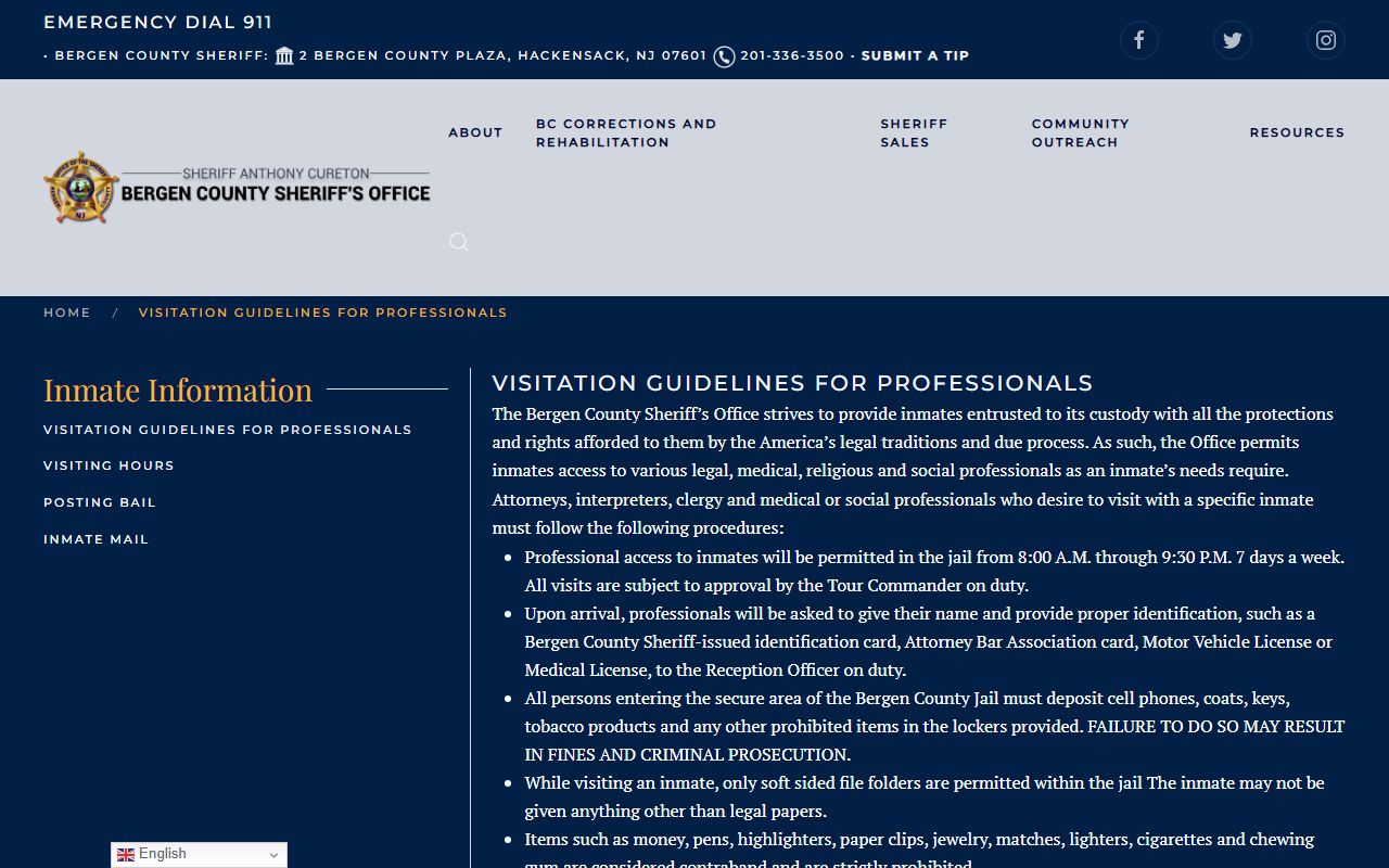 Bergen jail professional visitation guidelines for inmate population access