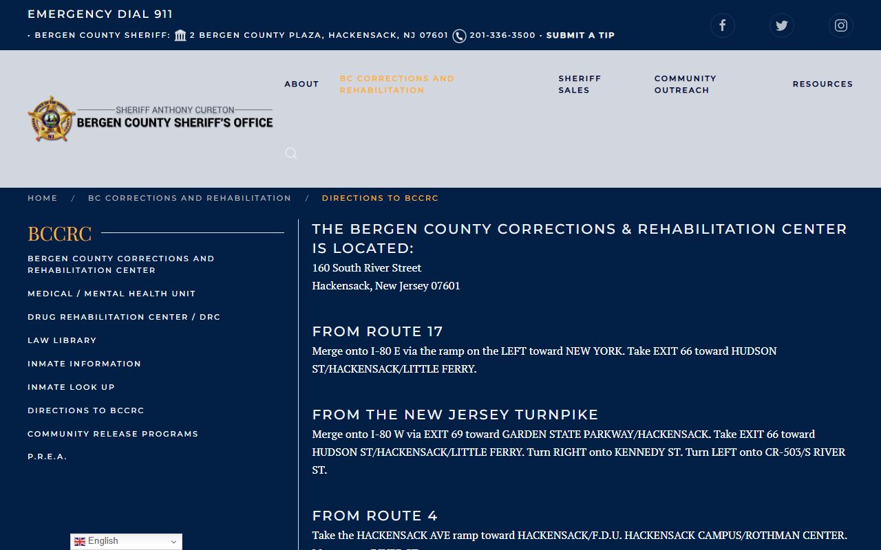 Bergen County jail directions page for inmate records