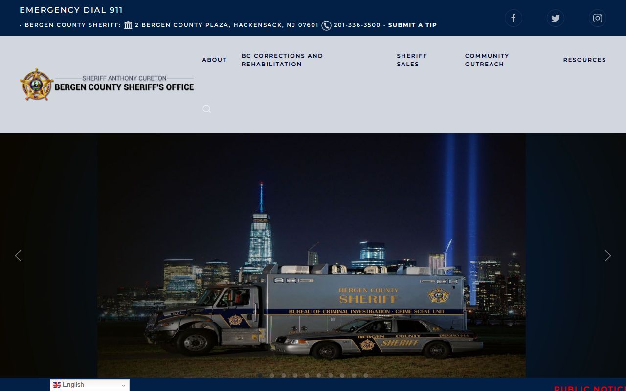Bergen County Sheriff's Office home page for inmate records and reports