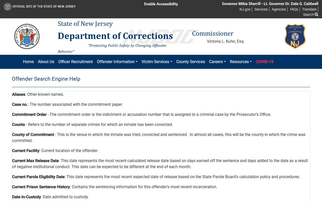 NJDOC offender search help page for Bergen County inmate records