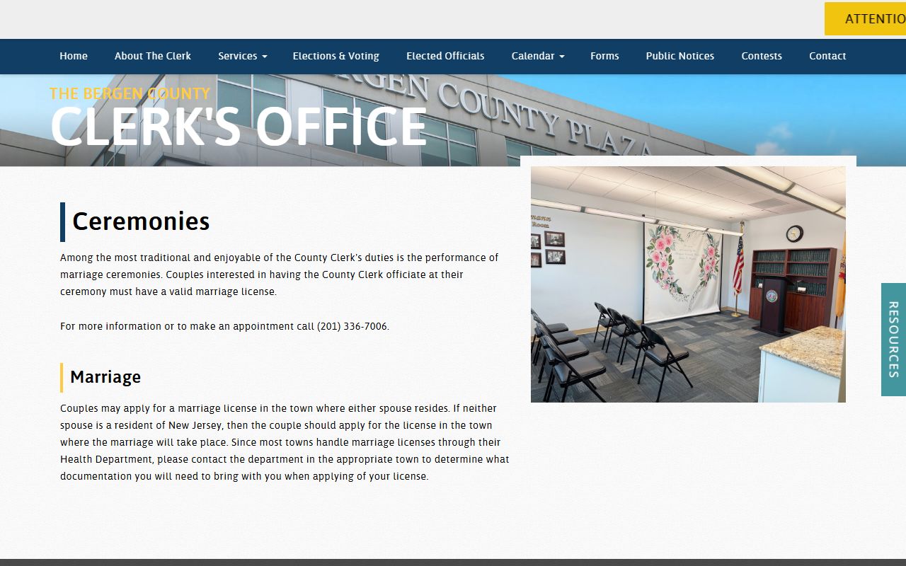Bergen County Clerk marriage ceremonies page for marriage records