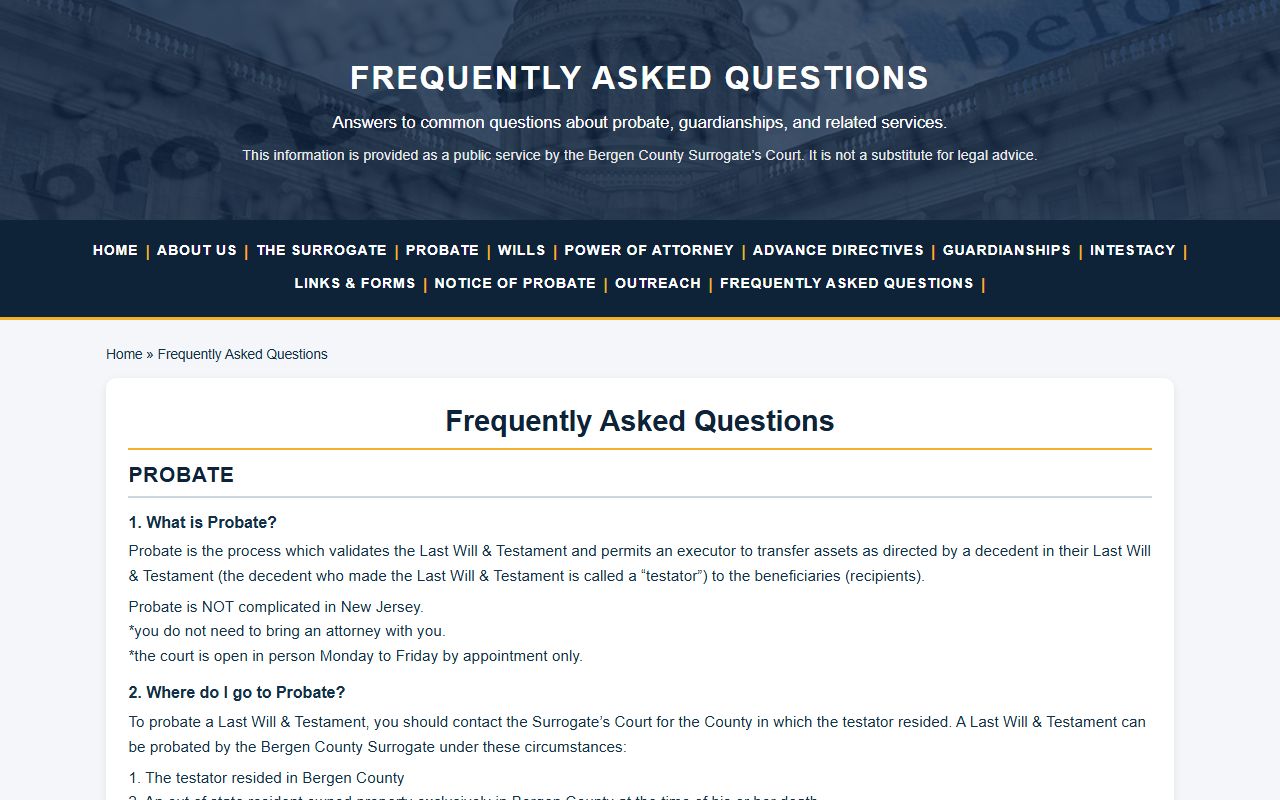 Bergen Surrogate FAQ page for probate records