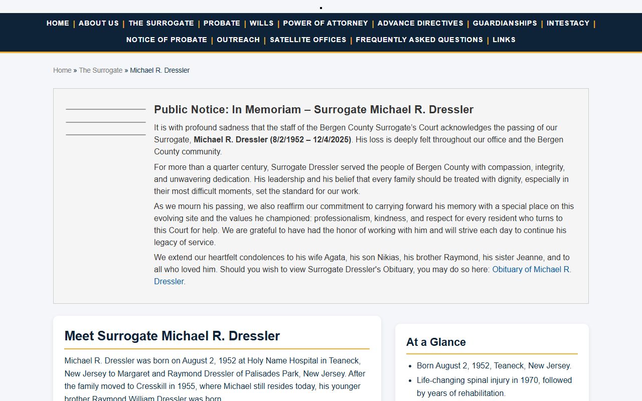 Bergen Surrogate Michael Dressler memorial page for probate records