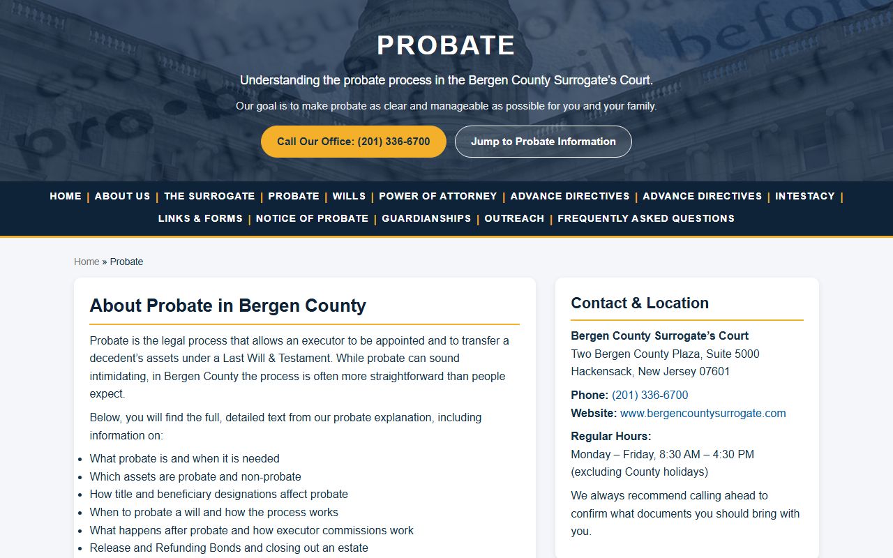 Bergen Surrogate probate information page for probate records