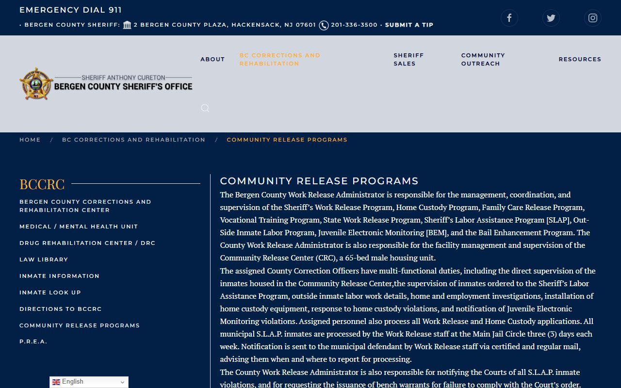 Bergen jail community release programs page for released inmates