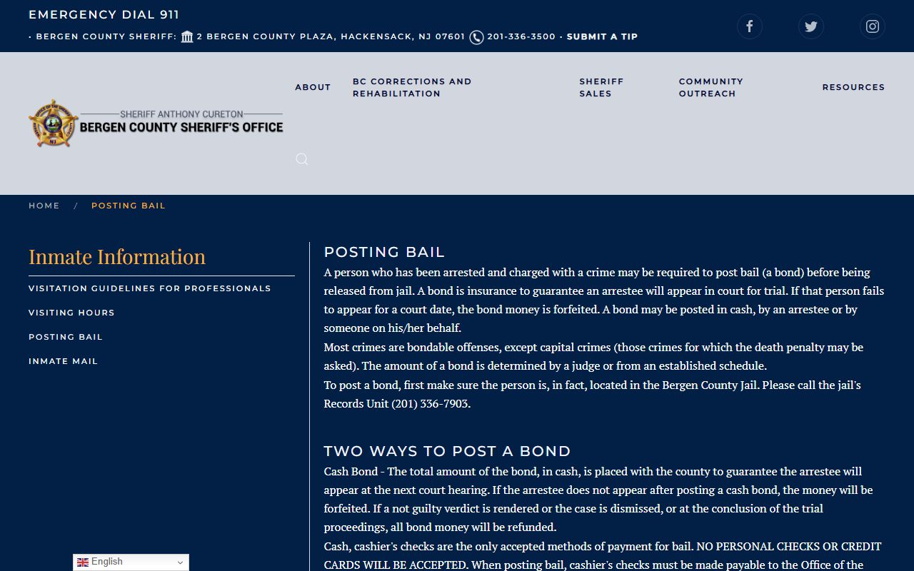 Bergen Sheriff bail posting page for released inmates