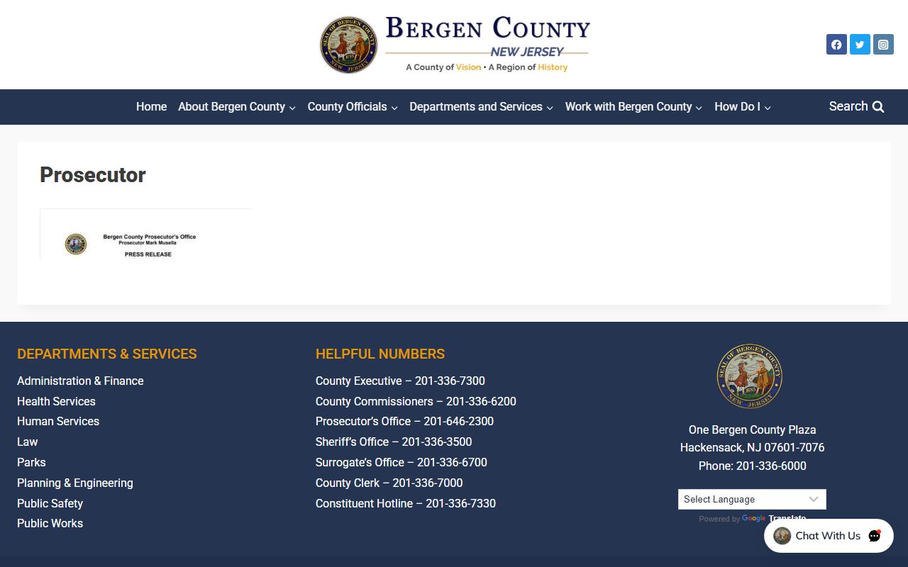 Bergen County prosecutor department page for warrant records