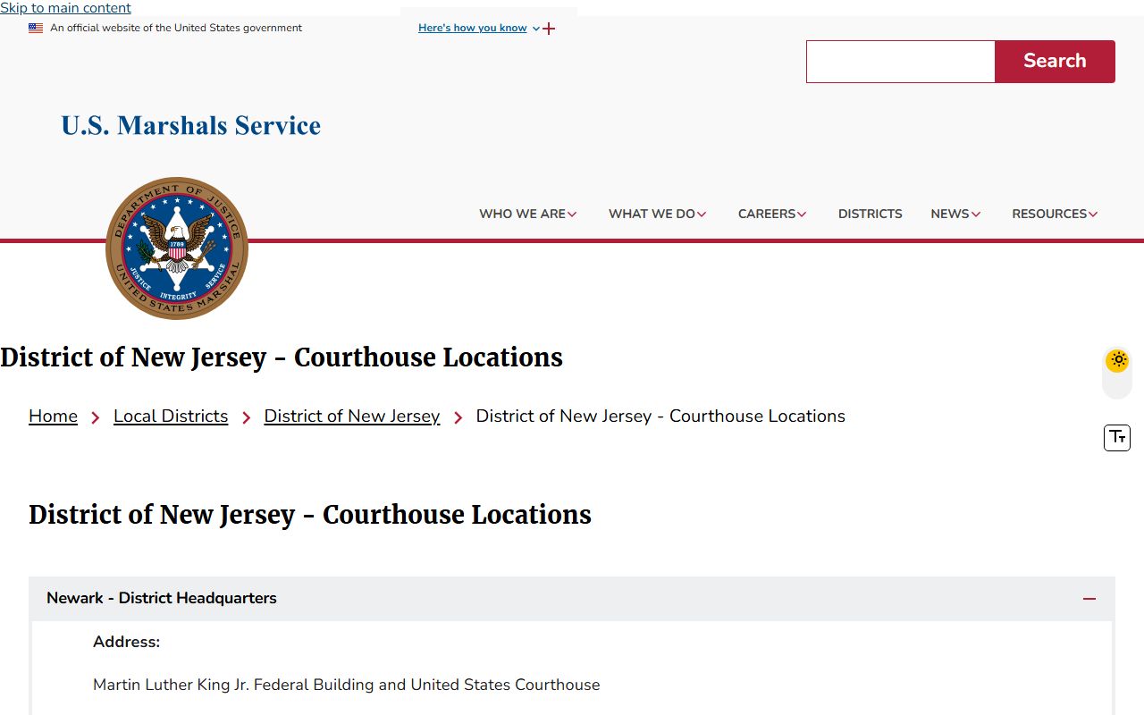 U.S. Marshals District of New Jersey courthouse locations for warrant records